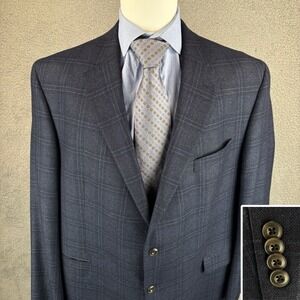 Jack Victor Blazer Mens 48R Navy Windowpane 100% Wool Sport Coat Jacket